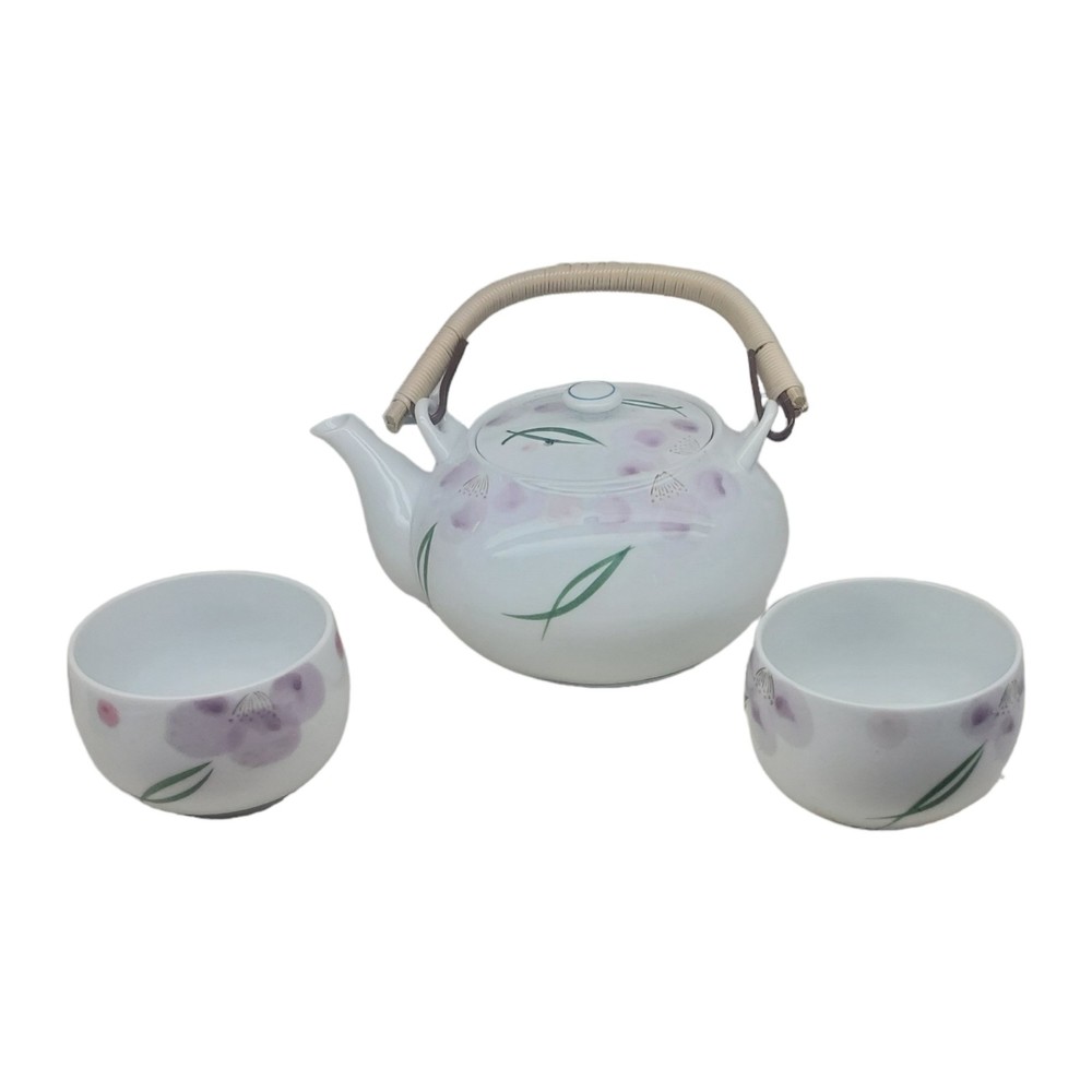 VTG Arita Japan Purple Floral Tea Set Teapot 2 Cups Wrapped Handle Hand Painted